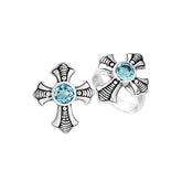 Handcrafted Sterling Silver Elegant Blue Topaz Quartz Cross Motif Balinese Engraved Luxury Statement Ring.
